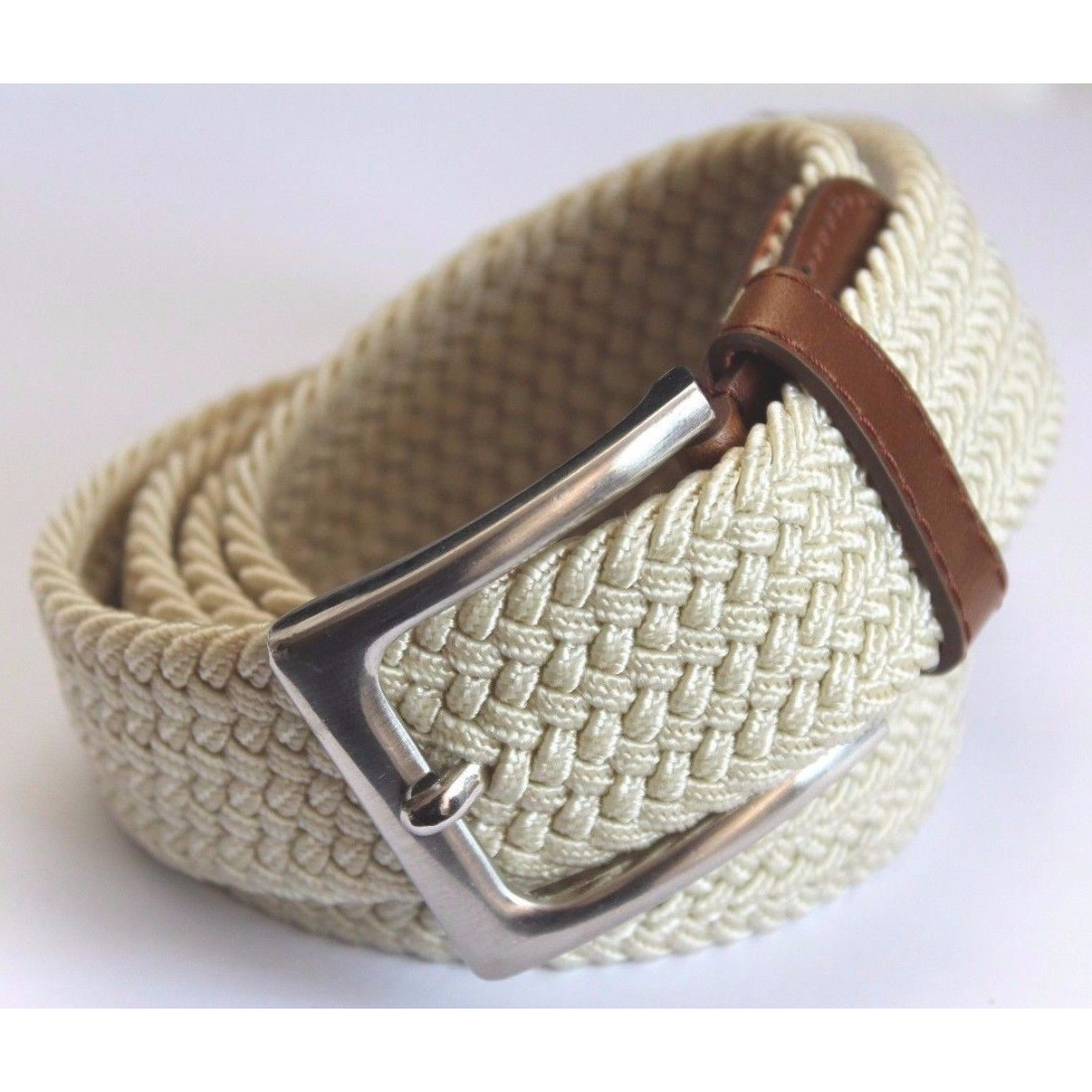 ASKSA Cintura Donna Elasticizzata In Tessuto Intrecciato Con Fibbia In PU - Larghezza 2,3 Cm, Lunghezza 100 Cm - Colori: Verde/Beige, Nero, Blu, Rosso